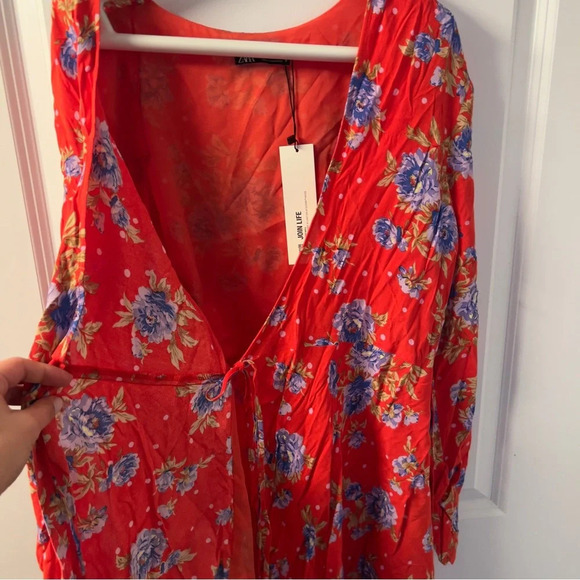 Zara Womens Red Floral V Neck  Wrap Ruched Long Sleeve Dress size S - Picture 8 of 10